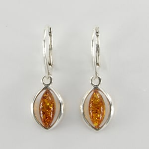 Genuine and Natural - Cognac / Brown - Oval - BALTIC AMBER - Dangle Leverback Earrings in 925 Sterling Silver - Poland