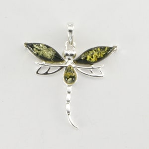 Green BALTIC AMBER Dragonfly Pendant in 925 Sterling Silver - Natural Genuine Gemstone from Poland