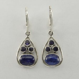 Oval Blue KYANITE Dangle Earrings with small Iolite in 925 Sterling Silver with Leverback / Lever Back closing Genuine and Natural Gemstone