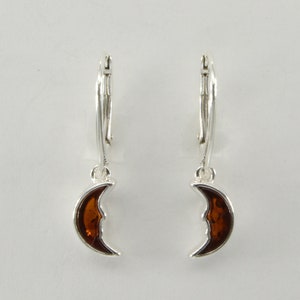 Genuine and Natural Cognac / Brown Moon BALTIC AMBER Dangle / Drop Leverback Earrings in 925 Sterling Silver - Poland