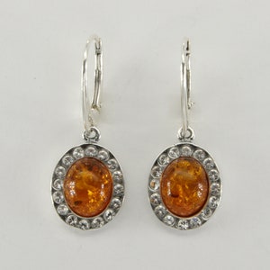 Genuine and Natural - Cognac / Brown - Oval BALTIC AMBER - Dangle / Drop Leverback Earrings in 925 Sterling Silver - Poland