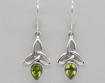 Green Drop Peridot Celtic Knot Leverback Dangle Earrings - 925 Sterling Silver - Lever back - Natural and Genuine Faceted Gemstone