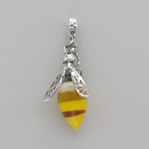 Multi-Color BALTIC AMBER Honey Bee Pendant in 925 Sterling Silver - Natural and Genuine fossilized Resin from Poland