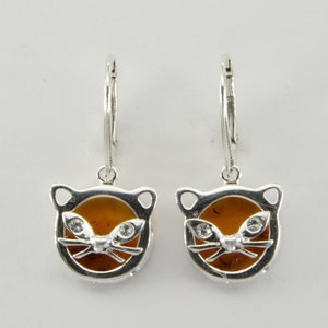 Baltic Amber Cat Earrings: Sterling Silver Leverback, Cognac Brown