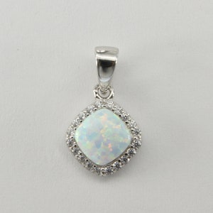 White - FIRE OPAL Rectangle / Square Pendant with 20 CZ / Cubic Zirconia - 925 Sterling Silver with a Rhodium finish