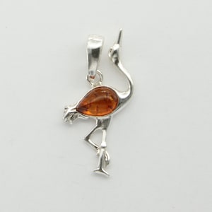 Genuine and Natural - Cognac / Brown - BALTIC AMBER Crane Pendant in 925 Sterling Silver - Poland