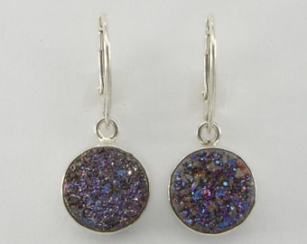 Genuine and Natural Round DRUZY / Druse / Drusy Quartz Earrings - 925 STERLING SILVER - Leverback / Lever Back closing