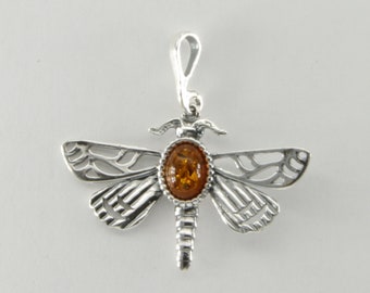 Baltic Amber Dragonfly Pendant: Cognac Gemstone, Sterling Silver