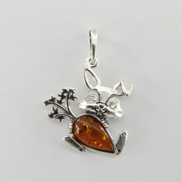 Cognac / Brown BALTIC AMBER Easter Bunny / Rabbit with Carrot Pendant in 925 Sterling Silver - Natural Genuine Gemstone from Poland