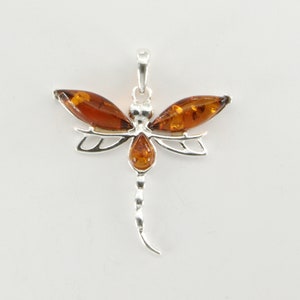 Cognac / Brown BALTIC AMBER Dragonfly Pendant in 925 Sterling Silver - Natural Genuine Gemstone from Poland