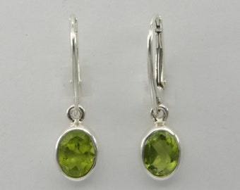 Genuine and Natural Green PERIDOT Dangle Oval Earrings in 925 Sterling Silver with Leverback / Lever Back closing