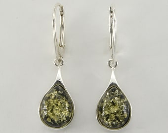 Genuine and Natural - Green - Pear / Drop BALTIC AMBER - Leverback Earrings in 925 Sterling Silver - Poland