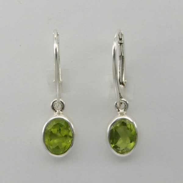 Genuine and Natural Green PERIDOT Dangle Oval Earrings in 925 Sterling Silver with Leverback / Lever Back closing