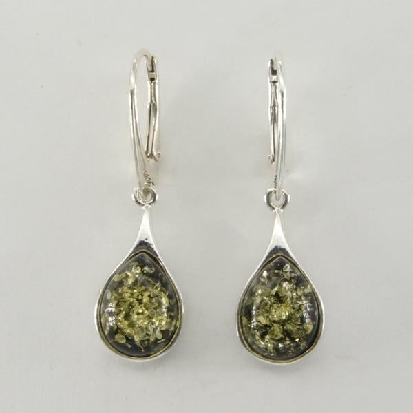 Genuine and Natural - Green - Pear / Drop BALTIC AMBER - Leverback Earrings in 925 Sterling Silver - Poland