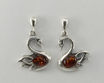 Baltic Amber Swan Earrings: Cognac Brown, Sterling Silver
