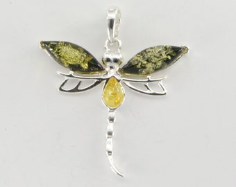 Green BALTIC AMBER Dragonfly Pendant in 925 Sterling Silver - Natural Genuine Gemstone from Poland