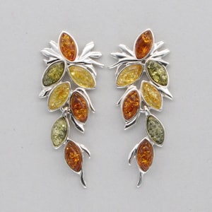 Multi-Color BALTIC AMBER Post Dangle Flower Earrings in 925 Sterling Silver - Genuine and Natural Gemstone from Poland - Fossilized Resin