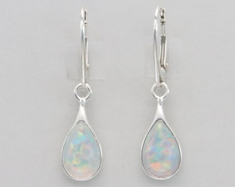 White FIRE OPAL Pear / Teardrop Dangle Earrings in 925 Sterling Silver / Leverback / Lever back