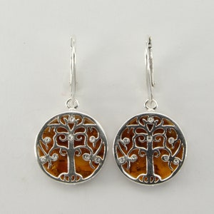 Baltic Amber Tree of Life Earrings: Sterling Silver Leverback