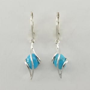 Oval Blue TURQUOISE Dangle Leverback Swirl Earrings in 925 STERLING SILVER -  Genuine and Natural Gemstone from Mexico