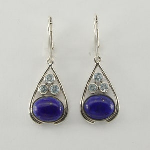 Blue Oval LAPIS LAZULI and Round Blue Topaz Dangle Earrings in 925 Sterling Silver with Leverback / Lever Back - Genuine Natural Gemstone