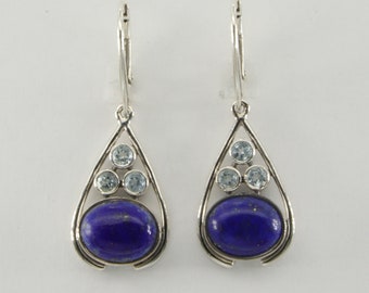 Oval Lapis Lazuli & Three Round Blue Topaz Leverback Dangle Earrings - 925 Sterling Silver - Lever back - Natural and Genuine Gemstone
