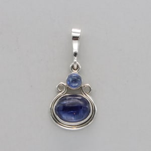 Blue Oval Kyanite & Round Sapphire Pendant - 925 Sterling Silver - Teardrop - Natural and Genuine Gemstone