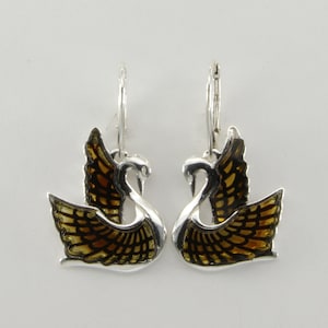 Genuine and Natural - Cognac / Brown - carved Swan- BALTIC AMBER - Leverback - Earrings in 925 Sterling Silver - Poland