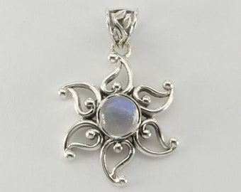 Genuine and Natural Rainbow MOONSTONE Sun / Star Pendant in 925 STERLING SILVER