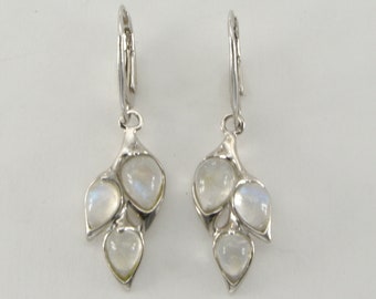 Genuine and Natural Rainbow MOONSTONE Oval Flower Dangle Earrings in 925 STERLING SILVER Leverback / Lever back