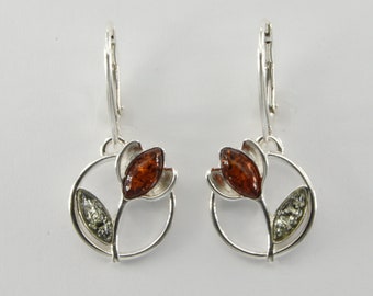Multi-Color - BALTIC AMBER - Flower Floral - Leverback Dangle Earrings in 925 Sterling Silver - Poland - Genuine and Natural