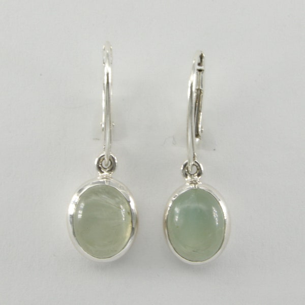Genuine and Natural Green Oval PREHNITE Drop / Dangle Earrings in 925 Sterling Silver with Leverback / Lever Back closing