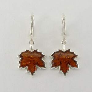 Genuine and Natural - Cognac / Brown - Maple Leaf BALTIC AMBER - Dangle / Drop Leverback Earrings in 925 Sterling Silver - Poland