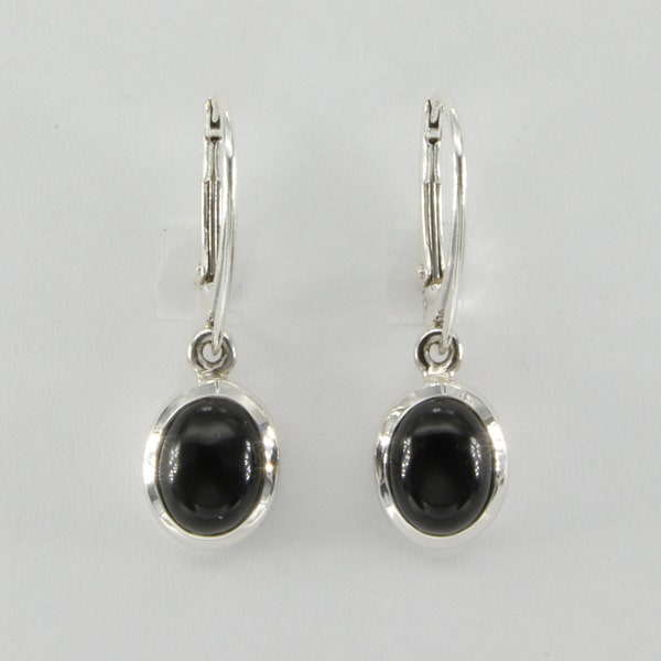 Genuine and Natural Oval BLACK ONYX Drop / Dangle Earrings 925 Sterling Silver - Leverback / Lever back closing