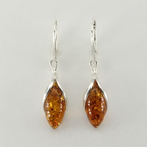 Genuine and Natural - Cognac / Brown - Oval BALTIC AMBER - Leverback Earrings in 925 Sterling Silver - Poland
