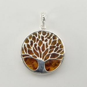 Cognac / Brown BALTIC AMBER Round Tree of Life Pendant in 925 Sterling Silver - Natural and Genuine Gemstone from Poland