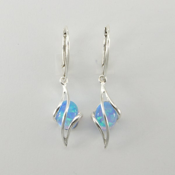 Blue - FIRE OPAL - Oval - Earrings - Leverback - in 925 Sterling Silver