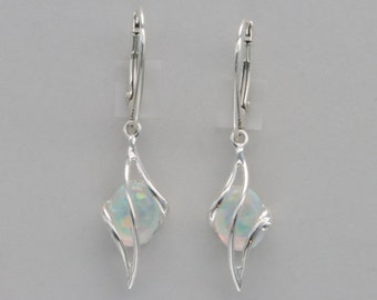 Boucles d'oreilles pendantes ovales blanc opale de feu en argent sterling 925 / levier / levier