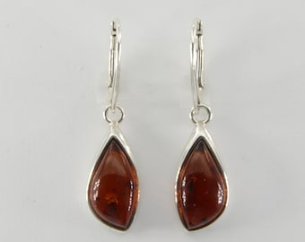 Cognac / Brown BALTIC AMBER Dangle Leverback Earrings in 925 Sterling Silver - Genuine and Natural Gemstone from Poland