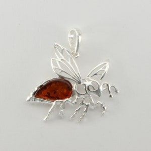 Natural and Genuine Brown / Cognac BALTIC AMBER Wasp / Bumble Bee Pendant in 925 Sterling Silver (Poland)