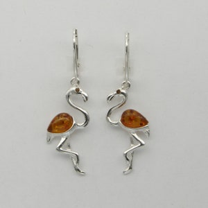 Genuine and Natural Cognac / Brown Dangle BALTIC AMBER Flamingo Earrings in 925 Sterling Silver