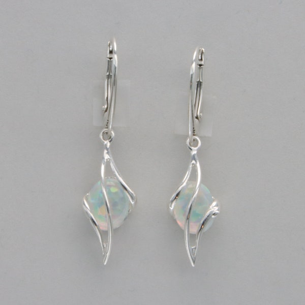 White FIRE OPAL Oval Dangle Earrings in 925 Sterling Silver / Leverback / Lever back