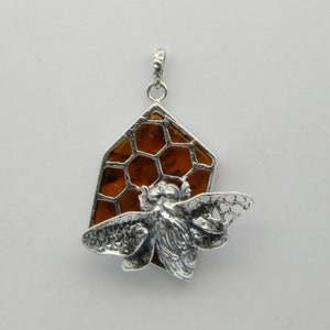 Genuine and Natural Cognac / Brown BALTIC AMBER Honey Comb Bee Pendant in 925 Sterling Silver - Poland