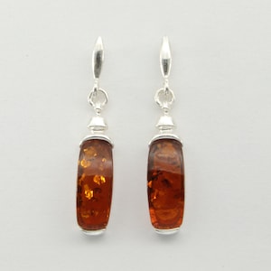 Genuine and Natural Cognac / Brown Square / Rectangle Dangle BALTIC AMBER Earrings - 925 Sterling Silver Leverback / Lever Back closing