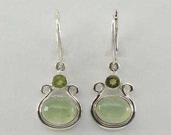 Genuine and Natural Green PREHNITE and Peridot Drop / Dangle Earrings in 925 Sterling Silver with Leverback / Lever Back closing