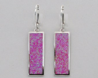 Pink Square / Rectangle  FIRE OPAL Dangle / Drop - Leverback - Earrings in 925 Sterling Silver