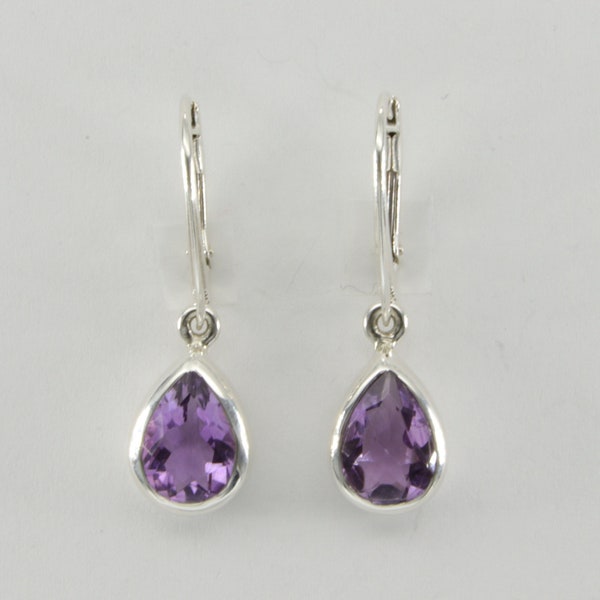 Genuine and Natural Purple  / Violet Pear / Drop AMETHYST Dangle Earrings - 925 Sterling Silver with Leverback / Lever Back / French hooks