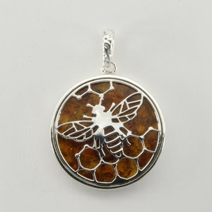 Natural and Genuine Cognac / Brown BALTIC AMBER Round Honey Comb Bee Pendant in 925 Sterling Silver (Poland)