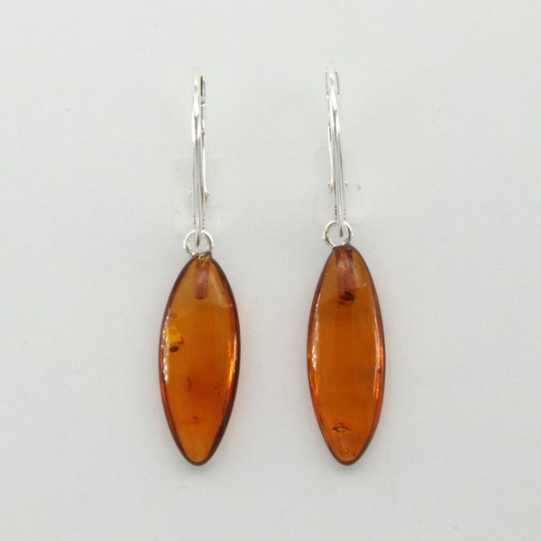 Genuine, Natural Cognac / Brown BALTIC AMBER Oval - Dangle Earrings - 925 Sterling Silver / Leverback / Lever Back