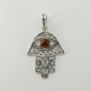 Hamsa Hand Eye - Cognac / Brown - BALTIC AMBER  Pendant in 925 Sterling Silver (Poland) Natural and Genuine Gemstone